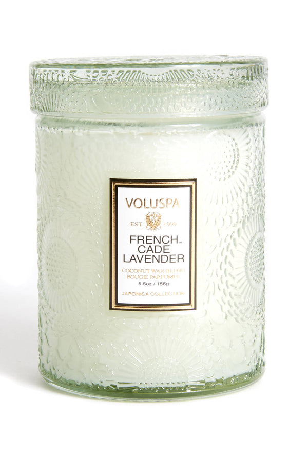 FRENCH CADE LAVENDER 5.5 OZ SMALL EMBOSSED GLASS JAR CANDLE
