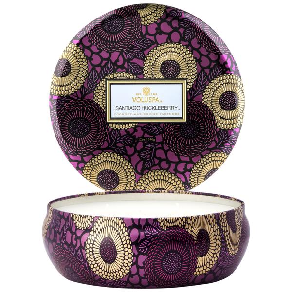 SANTIAGO HUCKLEBERRY 3 WICK CANDLE IN DECORATIVE TIN