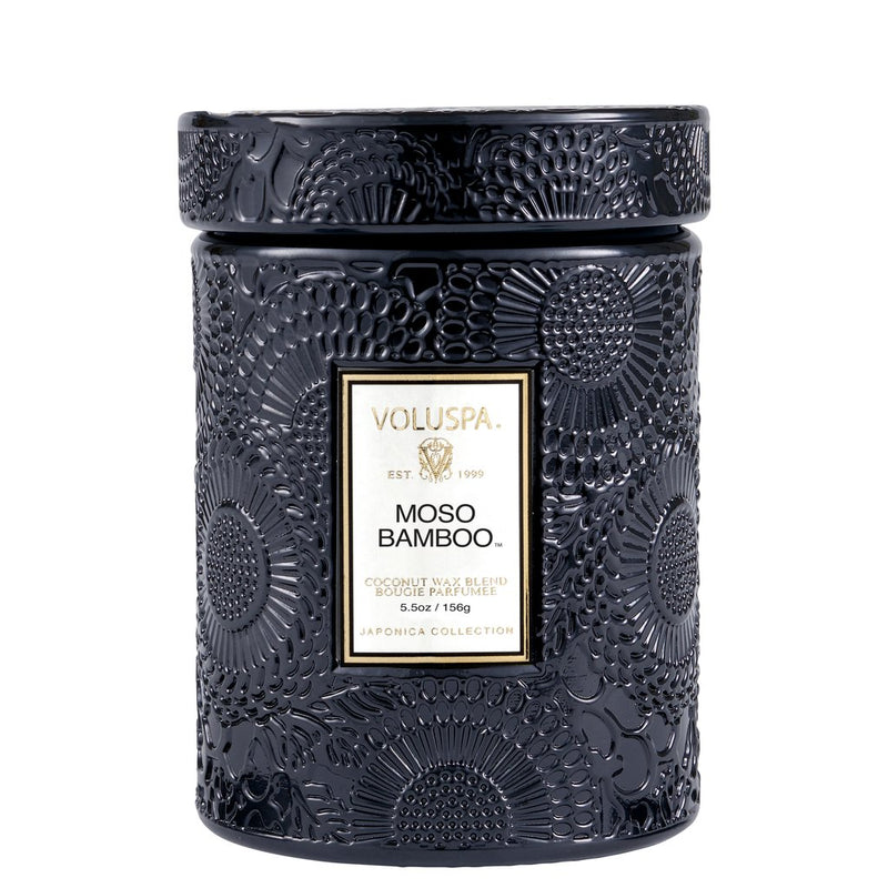 MOSO BAMBOO 5.5 OZ SMALL EMBOSSED GLASS JAR CANDLE