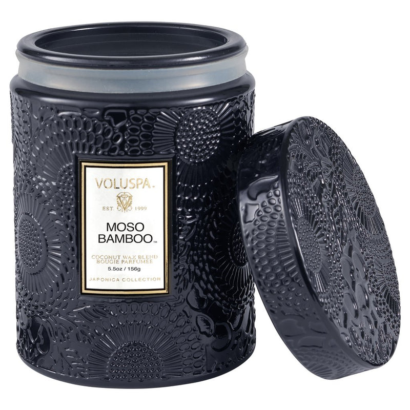 MOSO BAMBOO 5.5 OZ SMALL EMBOSSED GLASS JAR CANDLE