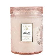 PANJORE LYCHEE 5.5 OZ SMALL EMBOSSED GLASS JAR CANDLE